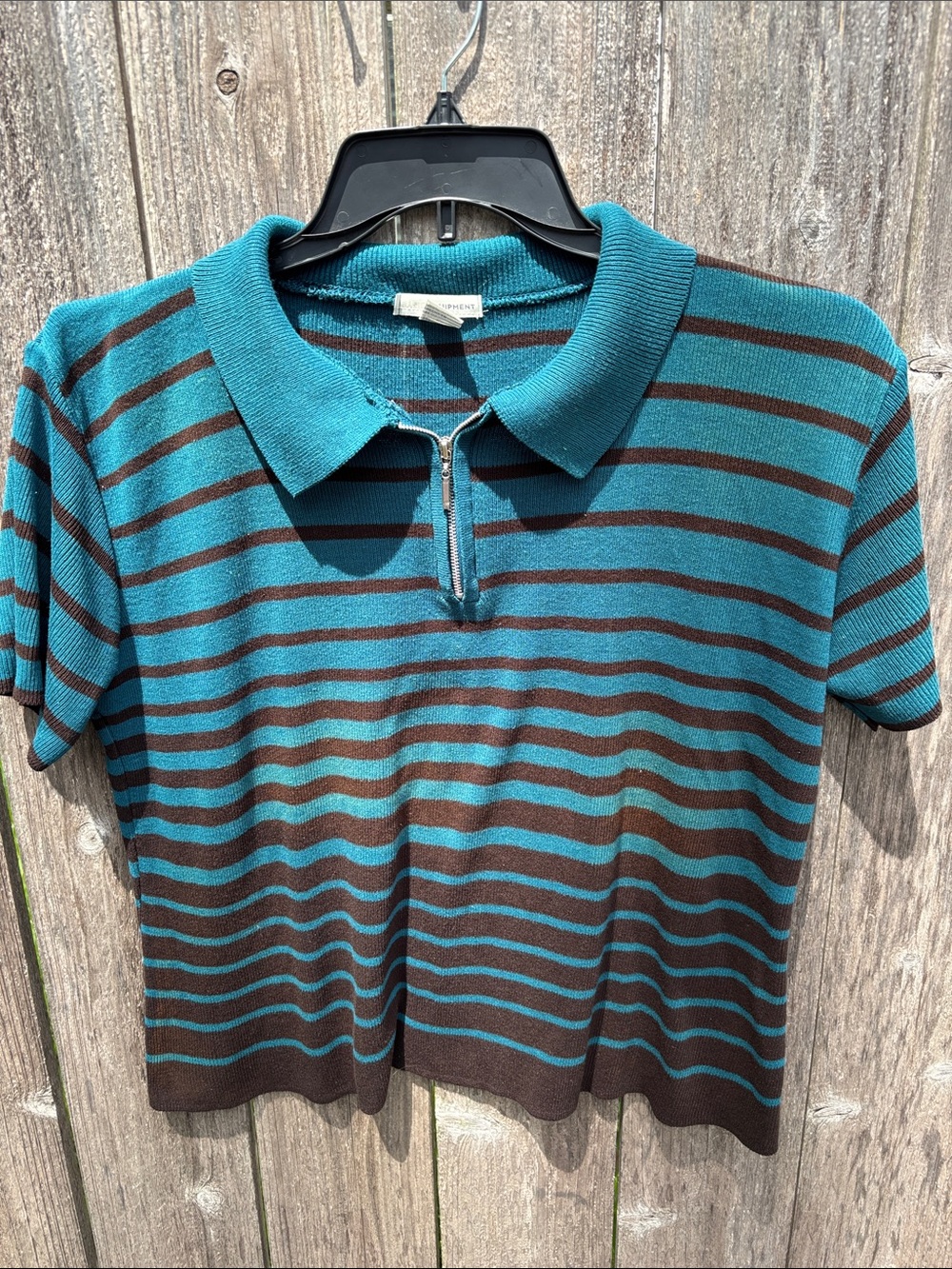Women’s Striped V-Neck Polo Sweater in Teal and Brown